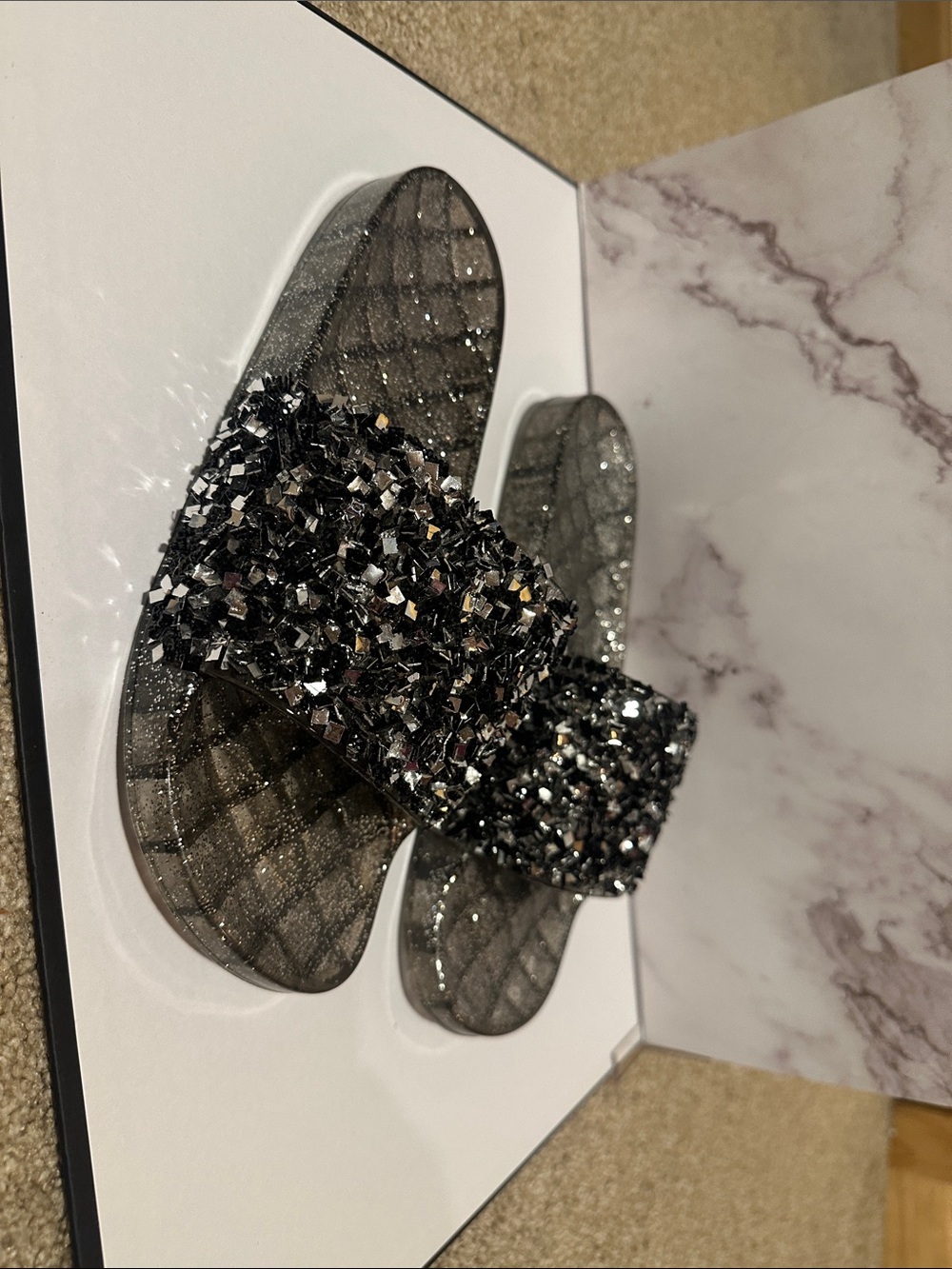 NWOT Fashion Nova Black chunky Glitter jelly Slide Sandals size 9